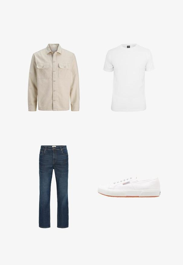Beige Hemd mit Knöpfen aus weichem Stoff, ausgestattet mit zwei Brusttaschen, langen Ärmeln und einem geraden Saum. Einfarbig ohne Muster.; Weißes T-Shirt mit kurzen Ärmeln, aus Baumwolle, mit Rundhalsausschnitt und glatter Textur, entworfen für lässige Kleidung.; Dunkelblaue Denim-Jeans mit einem geraden Schnitt, fünf Taschen, kontrastierenden Nähten und einem Bund mit einem Metallknopf und Gürtelschlaufen.; Weiße Leinensneaker mit Gummisohle, Schnürdesign und einem kleinen Logolabel an der Seite. Strukturierte weiße Oberseite und braune Außensohle.