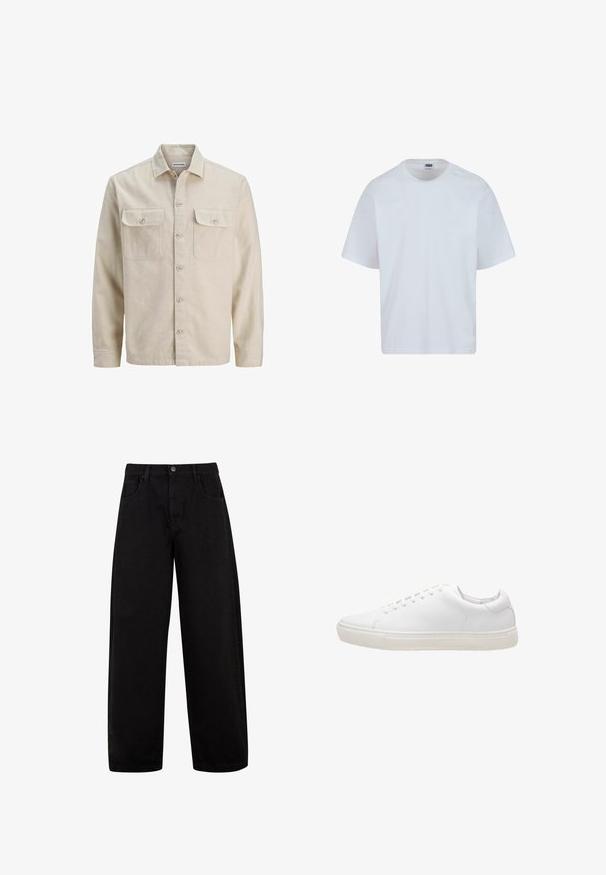 Beige overhemd met knopen in zachte stof, met twee borstzakken, lange mouwen en een rechte zoom. Effen textuur zonder patronen.; Witte katoenen T-shirt met een ronde hals, korte mouwen en een rechte snit. Kenmerkend zijn de subtiele stiksels op de schouders.; Zwarte wijde jeans van denim, met voorzakken, een knoopsluiting en een strak, minimalistisch ontwerp zonder zichtbare patronen.; Witte leren sneaker met een gladde textuur, ronde neus, vetersluiting en een platte rubberen zool. Minimalistisch ontwerp zonder zichtbare patronen.