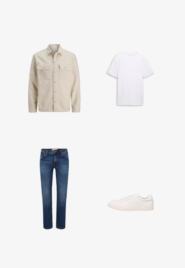 Beige overhemd met knopen in zachte stof, met twee borstzakken, lange mouwen en een rechte zoom. Effen textuur zonder patronen.; Effen witte T-shirt met korte mouwen en ronde hals, plat gelegd op een witte achtergrond.; Donkerblauwe jeans met een recht model, vijf-pocket stijl en contrasterende stiksels. Standaard tailleband met knoopsluiting.; Witte low-top sneaker met veterluiting en platte zool, weergegeven in zijprofiel op een witte achtergrond.