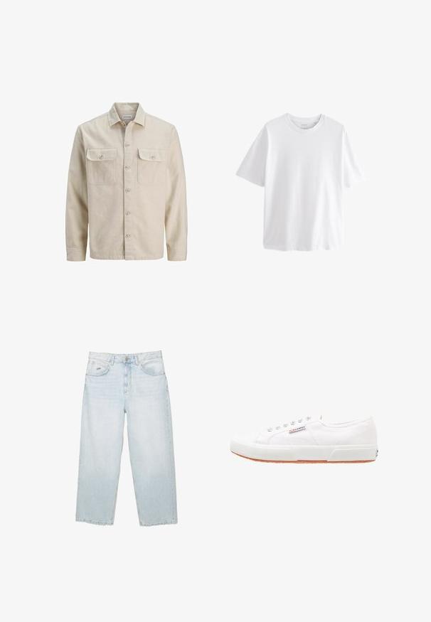 Beige overhemd met knopen in zachte stof, met twee borstzakken, lange mouwen en een rechte zoom. Effen textuur zonder patronen.; Effen witte T-shirt met korte mouwen en ronde hals met een ontspannen pasvorm op een witte achtergrond.; Lichtblauwe hoge taille straight-leg jeans met een knoop aan de voorkant, zakken en een klein gemerkt metalen label op de rechter voorkzak.; Witte canvas sneakers met een rubberen zool, vetersluiting en een klein logolabel aan de zijkant. Gewreven wit bovenwerk en een bruine zool.