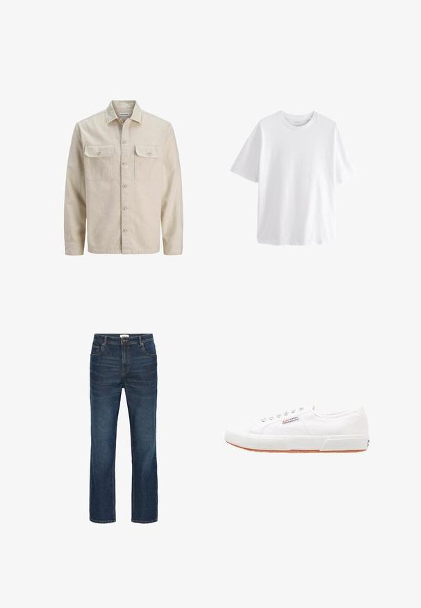 Beige overhemd met knopen in zachte stof, met twee borstzakken, lange mouwen en een rechte zoom. Effen textuur zonder patronen.; Effen witte T-shirt met korte mouwen en ronde hals met een ontspannen pasvorm op een witte achtergrond.; Donkerblauwe spijkerbroek met een rechte snit, vijf zakken, contrasterende stiksels en een tailleband met een metalen knoop en riemlussen.; Witte canvas sneakers met een rubberen zool, vetersluiting en een klein logolabel aan de zijkant. Gewreven wit bovenwerk en een bruine zool.