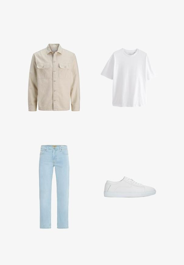 Beige Hemd mit Knöpfen aus weichem Stoff, ausgestattet mit zwei Brusttaschen, langen Ärmeln und einem geraden Saum. Einfarbig ohne Muster.; Schlichtes weißes T-Shirt mit kurzen Ärmeln und Rundhalsausschnitt in entspannter Passform vor weißem Hintergrund.; Hellblaue Denim-Jeans mit geradem Schnitt, traditionellem Fünf-Taschen-Design sowie einem Messingknopf und Reißverschlussverschluss vorne.; Weißer niedriger Sneaker mit Schnürdesign, glattem Lederobermaterial und flacher Gummisohle, seitlich auf weißem Hintergrund dargestellt.