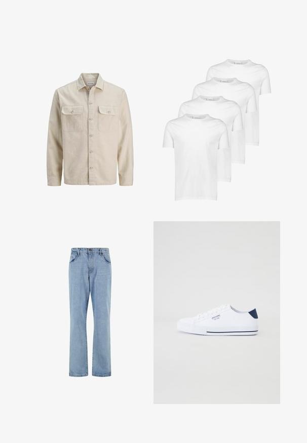 Beige overhemd met knopen in zachte stof, met twee borstzakken, lange mouwen en een rechte zoom. Effen textuur zonder patronen.; Witte katoenen T-shirts, korte mouwen, ronde halslijn, gladde textuur, vier stuks gestapeld met een consistent ontwerp en zonder patronen of accenten.; Lichtblauwe rechte spijkerbroek met voorzakken, riemlussen en knoopsluiting op een witte achtergrond.; Witte canvas sneakers met een marineblauwe hielaccent, platte rubberen zool, ronde neus en witte veters. Kenmerkt logo op de zijkant.