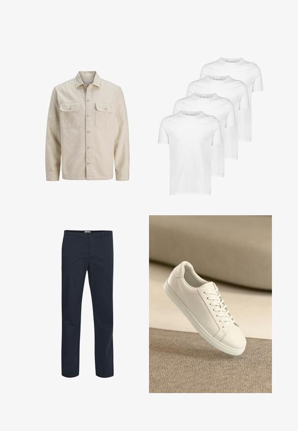 Beige skjorte med knaplukning i blødt stof, der har to brystlommer, lange ærmer og en lige søm. Ensfarvet tekstur uden mønstre.; Hvide bomulds T-shirts, kortærmede, rund halsudskæring, glat tekstur, stableret i fire stykker med ensartet design uden mønstre eller accenter.; Mørkeblå bukser lavet af en blanding af bomuldsstof. Har et klassisk design med forlommer og lynlås. Glat tekstur.; Hvide lædersneakers med hvide snørebånd, præsenteret på en beige tekstureret overflade og med en blødt uskarp baggrund.