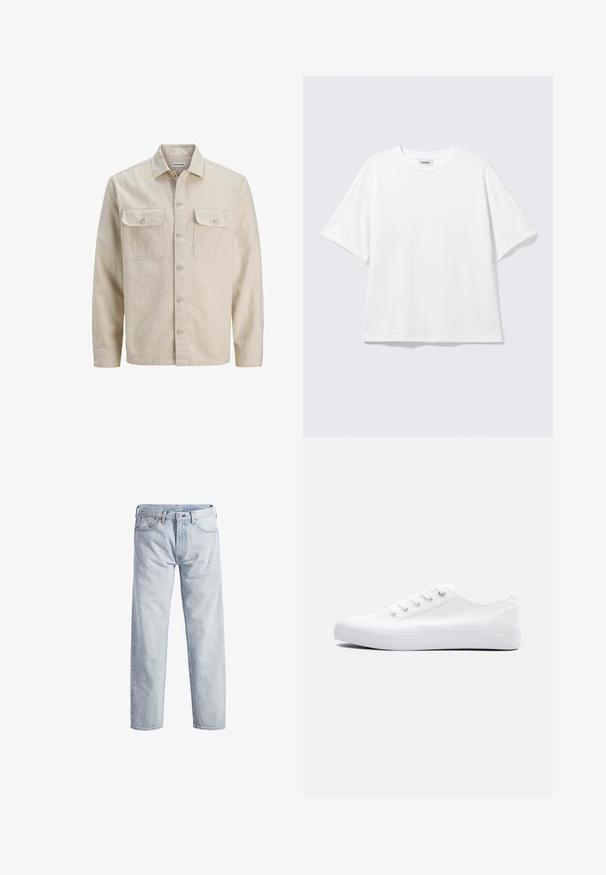Camisa beige de botones en tejido suave, con dos bolsillos en el pecho, mangas largas y dobladillo recto. Textura lisa sin patrones.; Camiseta blanca de gran tamaño con mangas cortas, cuello redondo y hombros caídos, plana sobre fondo gris claro.; Vaqueros de mezclilla de color azul claro con un diseño de pierna recta, cierre de botón, cinco bolsillos y una textura de desgaste sutil. Presenta detalles de metal.; Zapatilla baja de lona blanca con cordones blancos, suela de goma y ojales metálicos, mostrada desde el lado externo sobre un fondo liso.