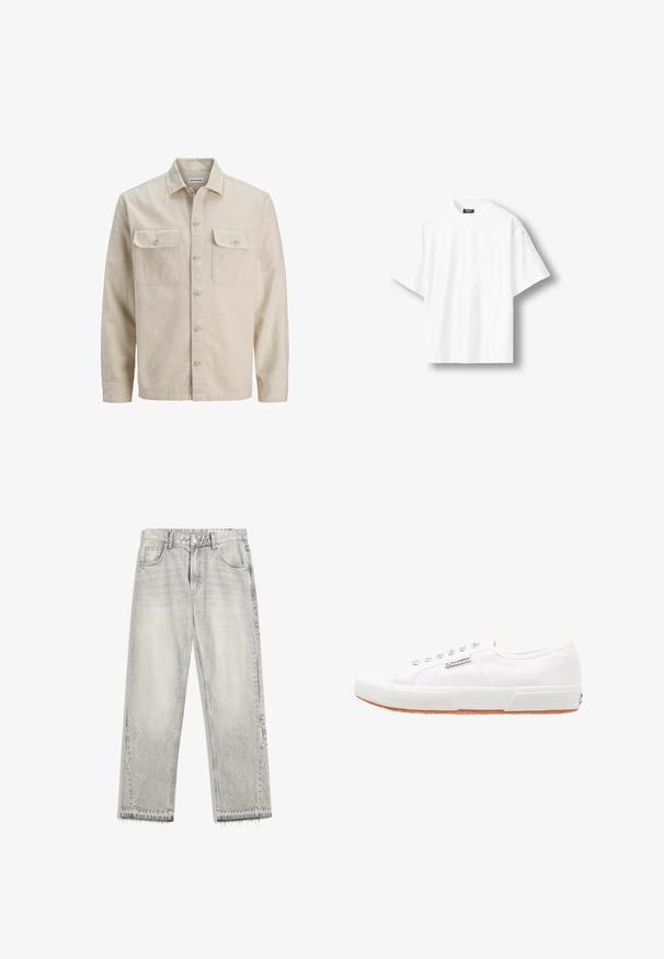 Beige skjorte med knaplukning i blødt stof, der har to brystlommer, lange ærmer og en lige søm. Ensfarvet tekstur uden mønstre.; Hvid, kortærmet oversize T-shirt med rund hals og sort label på indersiden af nakkekanten, vist på en lys baggrund.; Lys grå denimjeans med en let falmet finish, lige pasform, fem-lomme design og flosset søm. Flad taljebånd med bælteløkker.; Hvide kanvas sneakers med gummisål, snørebåndsdesign og et lille logo mærke på siden. Tekstureret hvid overdel og brun ydersål.