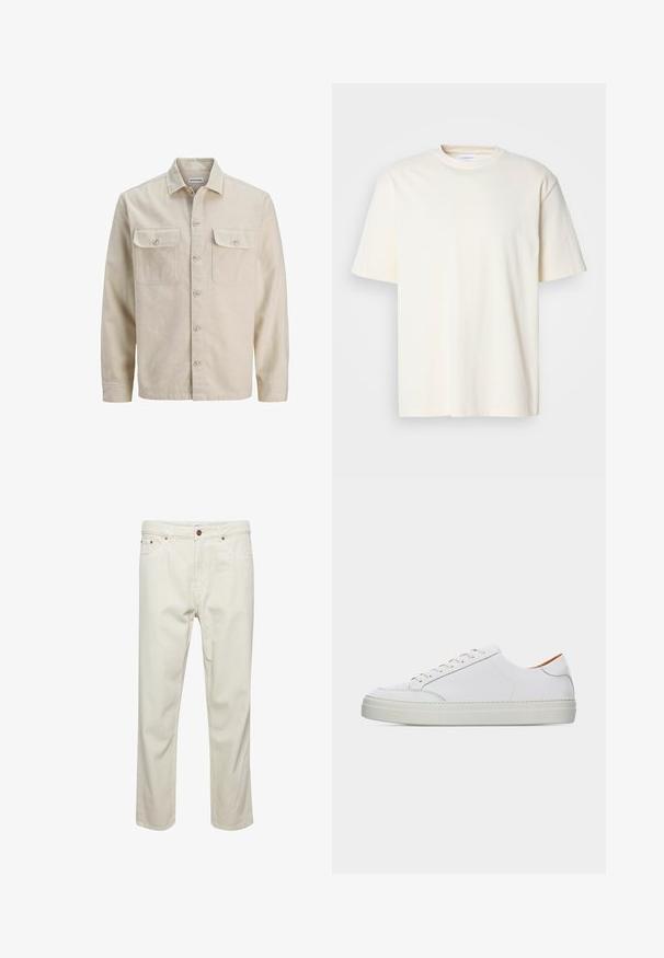 Beige skjorte med knaplukning i blødt stof, der har to brystlommer, lange ærmer og en lige søm. Ensfarvet tekstur uden mønstre.; Lys off-white kortærmet T-shirt med rund hals, unisex design, præsenteret på en neutral grå baggrund.; Beige bomuldsbukser med lige snit, fem lommer, knaplukning og subtile syninger. Ensartet struktur uden synlige mønstre.; Hvid lavtop lædersneaker med snørelukning, tyk sål og minimal syningsdetalje på en ensartet lys baggrund.
