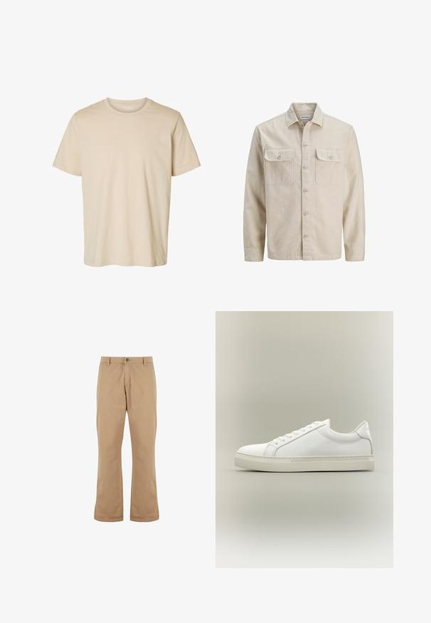Camisa beige de botones en tejido suave, con dos bolsillos en el pecho, mangas largas y dobladillo recto. Textura lisa sin patrones.; Camiseta beige de manga corta con cuello redondo y diseño sencillo, hecha de tela suave.; Pantalones de algodón beige con un corte recto, que cuentan con un cierre de botón, bolsillos frontales y una textura suave.; Zapatilla blanca de perfil bajo con cordones en la parte delantera y suela gruesa, mostrada de lado sobre un fondo neutro.