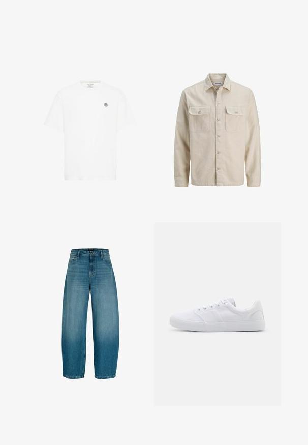 Beige Hemd mit Knöpfen aus weichem Stoff, ausgestattet mit zwei Brusttaschen, langen Ärmeln und einem geraden Saum. Einfarbig ohne Muster.; Weißes Kurzarm-T-Shirt mit Rundhalsausschnitt und einem kleinen grauen geometrischen Logo auf der linken Brust. Hergestellt aus weichem Baumwollmaterial.; Blaue Denim-Jeans mit weitem Bein, vorne mit Knopf- und Reißverschluss, Gürtelschlaufen und seitlichen Taschen, mit leichtem Verblassen an den Oberschenkeln.; Weiße Leinenschuhe mit Gummisohle, ausgestattet mit sechs Ösen, einer strukturierten Zehenkappe und minimalistischer Gestaltung.