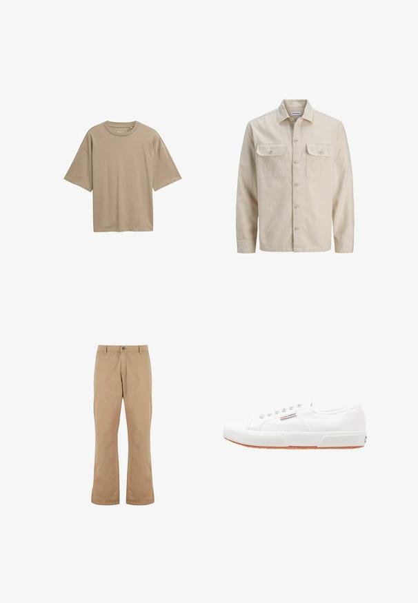Camisa beige de botones en tejido suave, con dos bolsillos en el pecho, mangas largas y dobladillo recto. Textura lisa sin patrones.; Camiseta beige de manga corta con un corte relajado, escote redondo y textura suave. Sin patrones visibles ni detalles de hardware.; Pantalones de algodón beige con un corte recto, que cuentan con un cierre de botón, bolsillos frontales y una textura suave.; Zapatillas de lona blancas con suela de goma, diseño de cordones y una pequeña etiqueta con el logo en el lateral. Parte superior texturizada blanca y suela marrón.