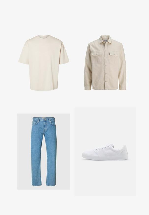 Beige skjorte med knaplukning i blødt stof, der har to brystlommer, lange ærmer og en lige søm. Ensfarvet tekstur uden mønstre.; Simpel beige kortærmet oversize bomuld t-shirt med rund halsudskæring, vist fladt på hvid baggrund.; Lysblå denimjeans har et lige ben-design, fem-lomme stil og en lynlås med metalknaplukning.; Hvide lærreds sneakers med gummisål, der har seks snørehuller, en struktureret tåkap og et minimalistisk design.