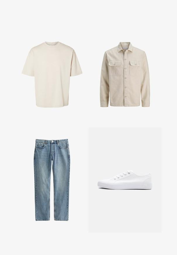 Camisa beige de botones en tejido suave, con dos bolsillos en el pecho, mangas largas y dobladillo recto. Textura lisa sin patrones.; Camiseta de algodón beige lisa, de manga corta, oversize y con cuello redondo, mostrada extendida sobre un fondo blanco.; Jeans de mezclilla azul claro con diseño de pierna recta, cinco bolsillos y cierre de botón. La tela tiene una textura ligeramente desgastada.; Zapatilla baja de lona blanca con cordones blancos, suela de goma y ojales metálicos, mostrada desde el lado externo sobre un fondo liso.