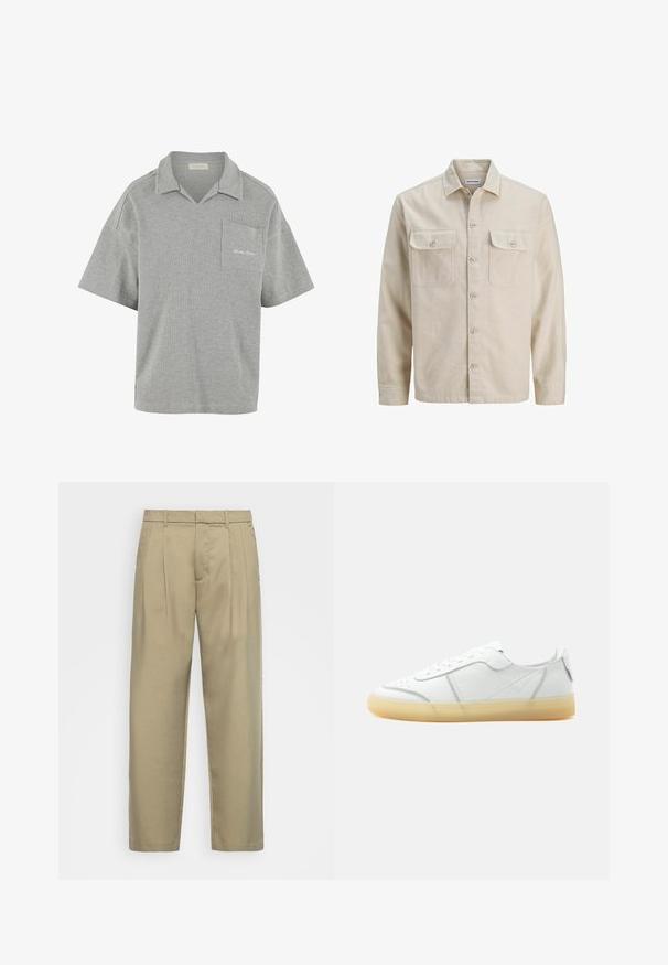 Chemise beige à boutons en tissu doux, dotée de deux poches poitrine, de manches longues et d'un ourlet droit. Texture unie sans motifs.; Polo shirt gris à manches courtes en tissu texturé, doté d'un col, d'une poche poitrine et d'un subtil logo brodé sur la poche.; Pantalons beiges taille haute avec une coupe droite, présentant un devant plat, des poches latérales et un tissu lisse au toucher.; Baskets basses en cuir blanc avec semelle beige translucide, lacets à l’avant et détails de couture minimalistes, vues de côté sur un fond uni.