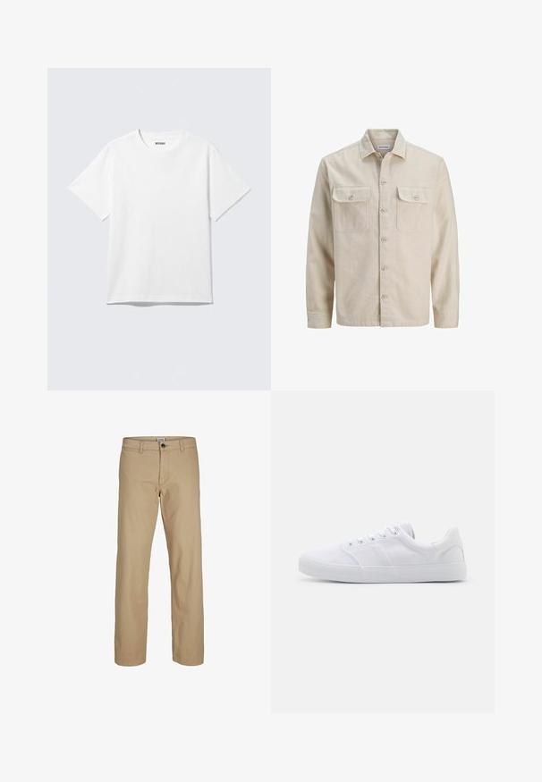 Chemise beige à boutons en tissu doux, dotée de deux poches poitrine, de manches longues et d'un ourlet droit. Texture unie sans motifs.; T-shirt blanc à manches courtes et col rond, étalé à plat, design uni, avec l'étiquette "WEEKDAY" à l'intérieur du col sur un fond clair.; Pantalon beige à jambes droites avec fermeture à boutons, passants pour ceinture et poches avant, présenté sur un fond blanc.; Baskets en toile blanches avec une semelle en caoutchouc, dotées de six œillets, d'un embout texturé et d'un design minimaliste.
