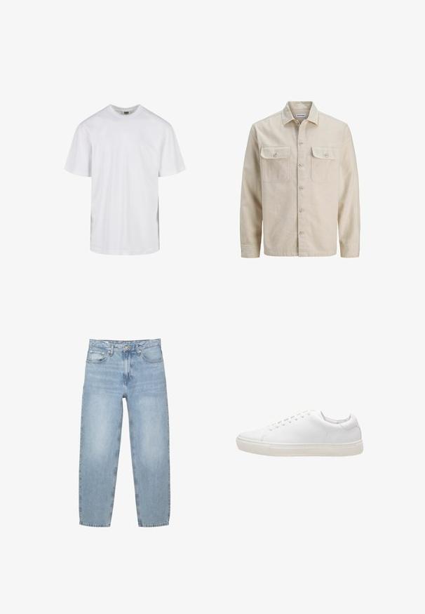 Beige overhemd met knopen in zachte stof, met twee borstzakken, lange mouwen en een rechte zoom. Effen textuur zonder patronen.; Eenvoudig wit T-shirt met korte mouwen en ronde hals, met een losse pasvorm, afgebeeld tegen een witte achtergrond.; Lichtblauwe denim jeans, losse pasvorm, hoge taille, ontwerp met vijf zakken, knoop- en ritssluiting, rechte pijpen met een licht uitgerafelde zoom.; Witte leren sneaker met een gladde textuur, ronde neus, vetersluiting en een platte rubberen zool. Minimalistisch ontwerp zonder zichtbare patronen.
