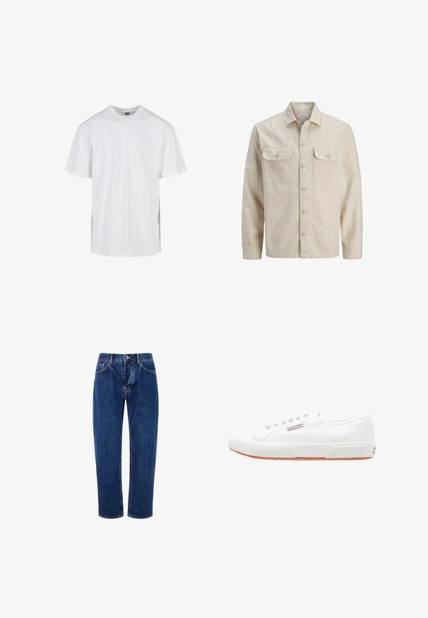 Beige overhemd met knopen in zachte stof, met twee borstzakken, lange mouwen en een rechte zoom. Effen textuur zonder patronen.; Eenvoudig wit T-shirt met korte mouwen en ronde hals, met een losse pasvorm, afgebeeld tegen een witte achtergrond.; Denim jeans in medium blauw, met een recht model, vijf zakken en een knoopsluiting met een metalen klinknagel-detail.; Witte canvas sneakers met een rubberen zool, vetersluiting en een klein logolabel aan de zijkant. Gewreven wit bovenwerk en een bruine zool.