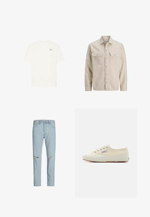 Chemise beige à boutons en tissu doux, dotée de deux poches poitrine, de manches longues et d'un ourlet droit. Texture unie sans motifs.; T-shirt blanc à manches courtes en coton. Il présente un col rond et un petit texte imprimé en noir près de la poitrine, avec une coupe droite.; Jean en denim bleu clair avec une coupe droite, présentant deux déchirures aux genoux, une fermeture à bouton et un design classique à cinq poches.; Baskets en toile beige au design épuré, œillets en métal et semelle en caoutchouc. Présente un motif texturé et un détail de logo sur le côté.