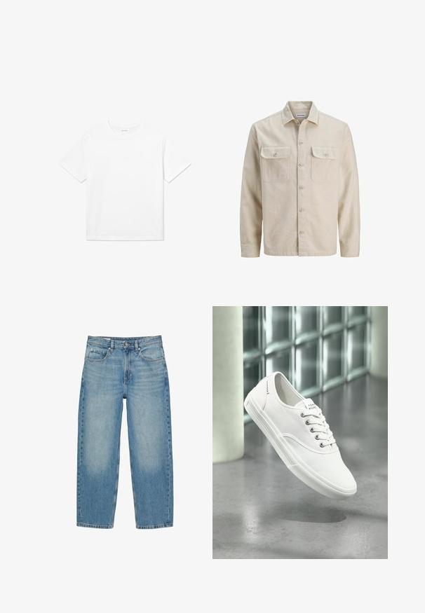 Beige Hemd mit Knöpfen aus weichem Stoff, ausgestattet mit zwei Brusttaschen, langen Ärmeln und einem geraden Saum. Einfarbig ohne Muster.; Weißes Baumwoll-T-Shirt mit kurzen Ärmeln, rundem Halsausschnitt und geradem Saum. Glatte Textur ohne sichtbare Muster oder Akzente.; Blaue Jeans mit geradem Bein, Vordertaschen, Gürtelschlaufen, Knopfverschluss und dezenten ausgewaschenen Details an Oberschenkeln und Knien.; Weißer niedriger Canvas-Sneaker mit Schnürsenkeln, beschriftet mit Tommy Hilfiger, schwebt über einem glatten grauen Boden nahe einer Glasbausteinwand.