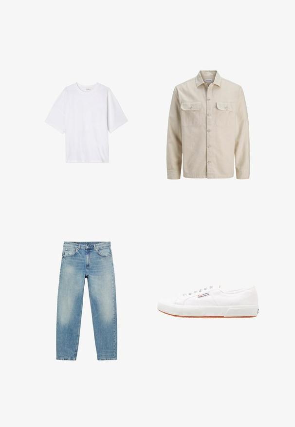 Beige skjorte med knaplukning i blødt stof, der har to brystlommer, lange ærmer og en lige søm. Ensfarvet tekstur uden mønstre.; Hvid kortærmet t-shirt lavet af blødt stof. Har en rund halsudskæring og en afslappet pasform med en lige kant. Ingen mønstre eller hardware.; Blå straight-leg denim jeans med forlommer og bæltestropper, der viser let falmede detaljer på lår og knæ.; Hvide kanvas sneakers med gummisål, snørebåndsdesign og et lille logo mærke på siden. Tekstureret hvid overdel og brun ydersål.
