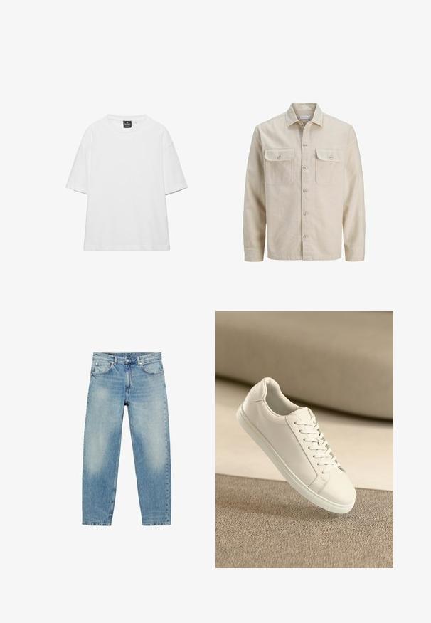 Chemise beige à boutons en tissu doux, dotée de deux poches poitrine, de manches longues et d'un ourlet droit. Texture unie sans motifs.; T-shirt ample blanc uni à manches courtes avec col rond et étiquette de marque noire à l'intérieur du col.; Jean droit en denim bleu avec poches avant et passants de ceinture, présentant des détails légèrement décolorés sur les cuisses et les genoux.; Baskets en cuir blanc avec des lacets blancs, exposées sur une surface beige texturée et avec un arrière-plan flou doux.