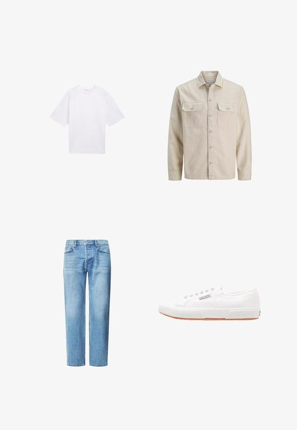 Beige overhemd met knopen in zachte stof, met twee borstzakken, lange mouwen en een rechte zoom. Effen textuur zonder patronen.; Witte T-shirt met korte mouwen van katoen. Ontspannen pasvorm met een ronde hals. Glad materiaal zonder zichtbare patronen of accenten.; Lichtblauwe denim jeans met een rechte pijp, vijf zakken en een klassieke knoop- en ritssluiting. Fijne vervagingstekstuur over het geheel.; Witte canvas sneakers met een rubberen zool, vetersluiting en een klein logolabel aan de zijkant. Gewreven wit bovenwerk en een bruine zool.