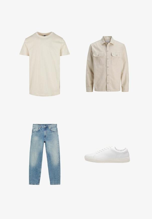 Beige overhemd met knopen in zachte stof, met twee borstzakken, lange mouwen en een rechte zoom. Effen textuur zonder patronen.; Korte mouwen, ronde hals t-shirt in een lichtbeige kleur. Gemaakt van zachte katoen, heeft een gladde textuur en een rechte zoom.; Jeans met rechte pijpen van blauwe denim, met voorzakken en riemlussen, met lichte vervaagde details op dijen en knieën.; Witte leren sneaker met een gladde textuur, ronde neus, vetersluiting en een platte rubberen zool. Minimalistisch ontwerp zonder zichtbare patronen.