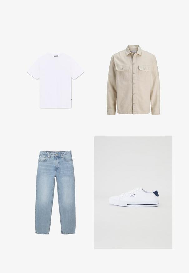 Beige overhemd met knopen in zachte stof, met twee borstzakken, lange mouwen en een rechte zoom. Effen textuur zonder patronen.; Witte T-shirt met korte mouwen en een ronde hals, plat liggend getoond van achteren, met een klein zwart label bij de hals en zijnaad.; Lichtblauwe denim jeans, losse pasvorm, hoge taille, ontwerp met vijf zakken, knoop- en ritssluiting, rechte pijpen met een licht uitgerafelde zoom.; Witte canvas sneakers met een marineblauwe hielaccent, platte rubberen zool, ronde neus en witte veters. Kenmerkt logo op de zijkant.