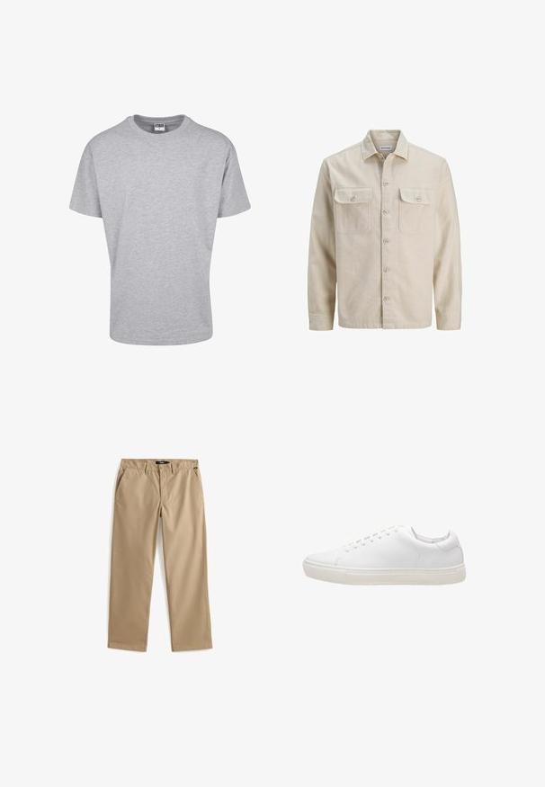 Beige skjorte med knaplukning i blødt stof, der har to brystlommer, lange ærmer og en lige søm. Ensfarvet tekstur uden mønstre.; Grå bomulds t-shirt med rund halsudskæring og korte ærmer. Simpelt design, ingen mønstre eller accenter. Klassisk afslappet pasform.; Beige chinos med lige ben lavet af let bomuldsstof. Har to forlommer og lukning med knap. Glat struktur, minimal dekoration.; Hvide lædersneakers med en glat overflade, rund tå, snørebåndslukning og flad gummisål. Minimalistisk design uden synlige mønstre.