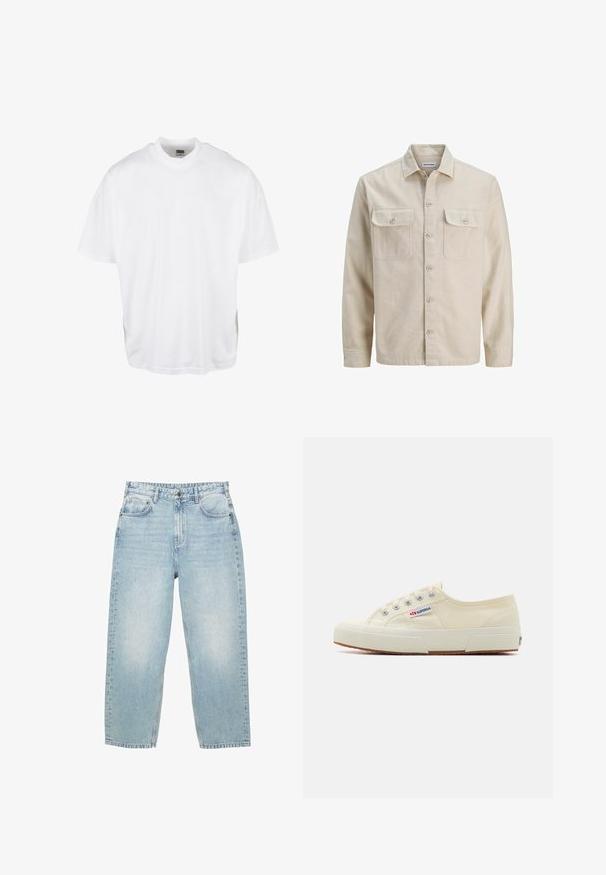 Beige overhemd met knopen in zachte stof, met twee borstzakken, lange mouwen en een rechte zoom. Effen textuur zonder patronen.; Witte katoenen t-shirt met een relaxte pasvorm, korte mouwen en een ronde halslijn, met een rechte zoom en geen zichtbare grafische afbeeldingen of patronen.; Lichtblauwe high-waist spijkerbroek met een rechte pijp, voor- en achterzakken en een knoopsluiting met zichtbare stiksels.; Beige canvas sneaker met een laag profiel, metalen oogjes en rubberen zool. Beschikt over een textuurpatroon en logodetail aan de zijkant.