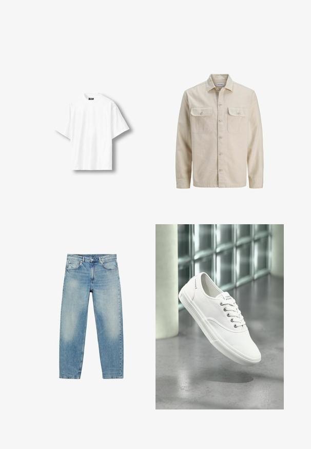 Chemise beige à boutons en tissu doux, dotée de deux poches poitrine, de manches longues et d'un ourlet droit. Texture unie sans motifs.; T-shirt blanc uni à manches courtes, coupe ample, col rond et étiquette noire à l'intérieur du col arrière, présenté sur un fond clair.; Jean droit en denim bleu avec poches avant et passants de ceinture, présentant des détails légèrement décolorés sur les cuisses et les genoux.; Baskets basses blanches en toile avec lacets, étiquetées Tommy Hilfiger, montrées flottant au-dessus d’un sol gris lisse près d’un mur en briques de verre.