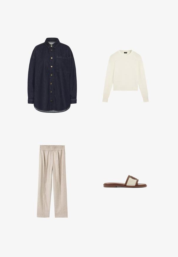 My Essential Wardrobe MWMALO - Korte frakker - dark blue un wash; Plain hvid strikket sweater med lange ærmer, ribbede manchetter og kant samt en rund halsudskæring, vist på hvid baggrund.; Lys beige brede bukser lavet af tekstureret stof med subtile lodrette striber, som har en elastisk talje for komfort.; Brune læderslidesandal med en beige vævet overdel, flad sål og rund tå. Designet inkluderer en logoakcent på remmen.