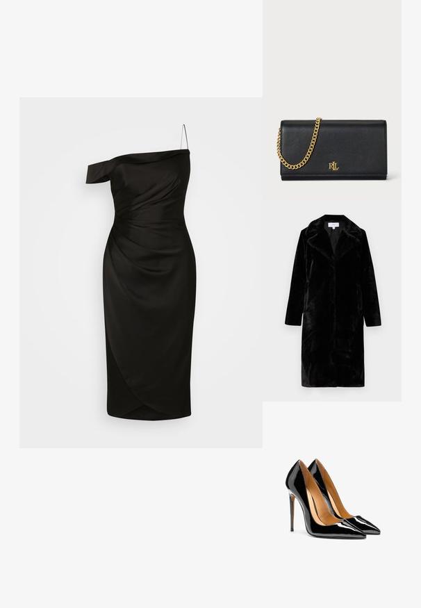 Abrigo largo de piel sintética negra con solapas anchas y bolsillos frontales, de longitud hasta la rodilla, presentado sobre un fondo blanco.; Vestido negro de un solo hombro, confeccionado en una tela suave, que presenta un corpiño ajustado con detalles fruncidos y una falda envolvente de longitud a la rodilla.; Par de tacones altos de charol negro brillante con punta afilada, tacones de aguja y forro interior color beige sobre fondo blanco.; Cartera de cuero negro con una correa de cadena dorada, que presenta un logotipo dorado en el frente. Diseño minimalista con una textura suave y forma estilizada.