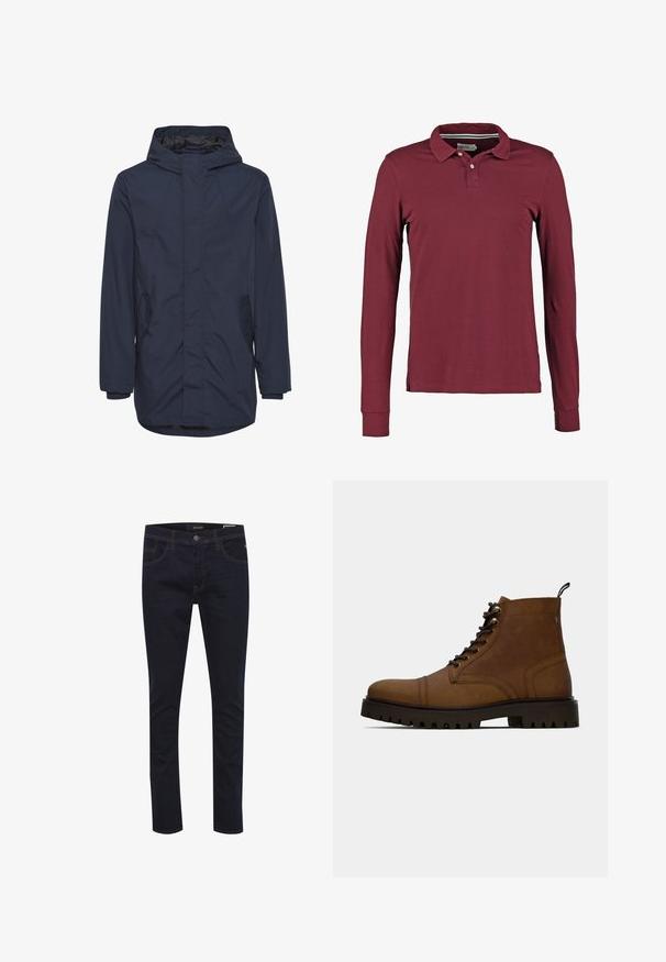 Marineblauwe hoodie met een rits aan de voorkant, zijzakken en een iets gestructureerde stof; beschikt over een rechte snit en lange mouwen.; Bordeaux lange mouwen polo-shirt met een klassieke kraag, een placket met twee knopen en zijsplitten voor meer bewegingsvrijheid. Glad katoenmateriaal.; Donkerblauwe jeans van denim, met vijf zakken, een ritssluiting en contrasterende stiksels. Slank model met een soepele textuur.; Bruine leren veterschoenen tot de enkel met dikke zwarte profielzool en een trekband op een witte achtergrond.