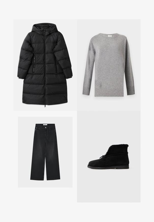 Manteau en doudoune noir avec capuche, présentant un design matelassé, deux poches latérales zippées et une fermeture éclair sur toute la longueur. Texture lisse.; Pull en maille gris clair à manches longues avec poignets, ourlet et col côtelés, présenté sur un fond blanc uni.; Jean noir à jambes larges avec bouton sur le devant, taille à cordon et design cinq poches, posé à plat sur un fond clair.; Botte de cheville en suede noir avec doublure en fourrure visible à l'ouverture et un lacet noué autour de la partie supérieure.