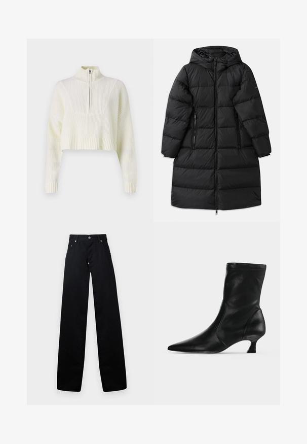 Manteau en doudoune noir avec capuche, présentant un design matelassé, deux poches latérales zippées et une fermeture éclair sur toute la longueur. Texture lisse.; Pull court de couleur crème avec un col zippé, texture côtelée et manches larges. Le matériau semble doux et tricoté.; Pantalons larges noirs en coton, avec une fermeture éclaire, deux poches avant et un design classique à cinq poches avec des accents en métal.; Botte mi-mollet en cuir noir avec bout pointu et petit talon kitten, vue de profil sur un fond clair uni.
