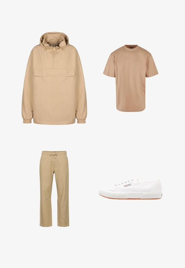 Beige hættetrøje med halv-lynlås, frontlomme, elastiske manchetter og en afslappet pasform lavet af glat, let materiale.; Beige kortærmet t-shirt lavet af bomuld. Har en rund hals og en afslappet pasform. Glat tekstur uden synlige mønstre eller accenter.; Beige bomuldsbukser med afslappet pasform, elastik i taljen og snøre. Har sidelommer og lige ben. Ingen synlige mønstre.; Hvide kanvas sneakers med gummisål, snørebåndsdesign og et lille logo mærke på siden. Tekstureret hvid overdel og brun ydersål.