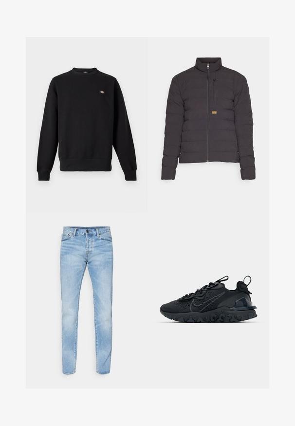 Schwarze isolierte Jacke mit hohem Kragen, Reißverschluss vorne und einer Reißverschlusstasche auf der Brust. Gepuffte Textur mit horizontalen Nähten und Logopatch.; Schwarzer Sweatshirt mit Rundhalsausschnitt, langen Ärmeln, gerippten Bündchen und Saum sowie kleinem rechteckigem Logo-Patch auf der linken Brust.; Hellblaues Denim-Jeans mit geradem Schnitt, fünf Taschen Design und Knopfverschluss. Merkmale sind dezente Ausbleichungen und Kontrastnähte.; Schwarzer Sportschuh mit atmungsaktivem Mesh-Obermaterial, strukturierten Akzenten und einer wellenförmigen Gummisohle. Verfügt über ein reflektierendes Logo und ein Schnürsystem.