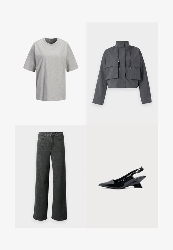 Geschnittene graue Jacke mit hohem Kragen, zwei großen Fronttaschen, Kordelzugdetails und leichtem, strukturiertem Stoff.; Hellgraues T-Shirt mit kurzen Ärmeln und Rundhalsausschnitt, mit kleinem weißen "JJXX STUDIO"-Logo mittig auf der Brust.; Weite Jeans aus dunkelgrauem Denim, mit einer subtilen Zebra-Muster-Struktur, kontrastierenden Nähten und einem Fünf-Taschen-Design mit einem Knopfverschluss.; Schwarzer Slingback-Schuh aus Lackleder mit spitzer Spitze und niedrigem, schrägem Blockabsatz auf einfachem hellem Hintergrund.
