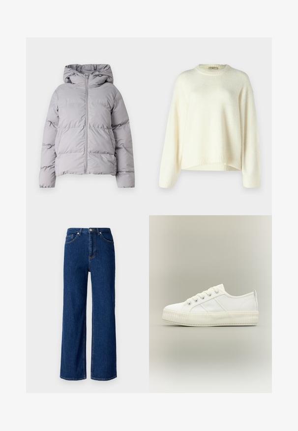 Graue, mit Kapuze versehene Steppjacke mit durchgehendem Reißverschluss, gestepptem Design und elastischen Bündchen. Hergestellt aus glattem, leichtem Material.; Gina Tricot Petite Strickpullover - gardenia; Weite Jeans aus Denim in Dunkelblau mit klassischem Fünf-Taschen-Design, subtilen Nähten und einem Metallknopfverschluss am Bund.; Weißer Sneaker mit niedrigem Schaft, dicker gerippter Sohle, Schnürung vorne und Zuglasche an der Ferse vor neutralem Hintergrund.