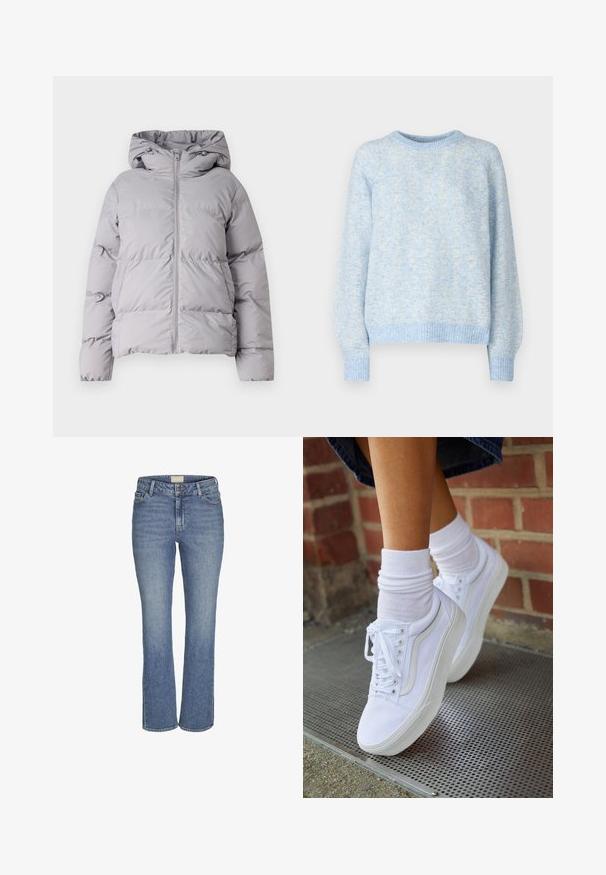 Sivá prešívaná páperová bunda s kapucňou, plným predným zipsom a elastickými manžetami. Vyrobená z hladkej, ľahkej látky.; Pieces PCANONA O-NECK - Svetrík - hydrangea; Džínsy v stredne modrej farbe s rovnými nohavicami, so zapínaním na prednej strane na gombík a zips, s pútkami na opasok a prednými a zadnými vreckami.; Biele plátené tenisky s gumovou podrážkou, s piatimi dierkami na šnúrky, okrúhlou špičkou a svetlými švami, doplnené o biele členkové ponožky.