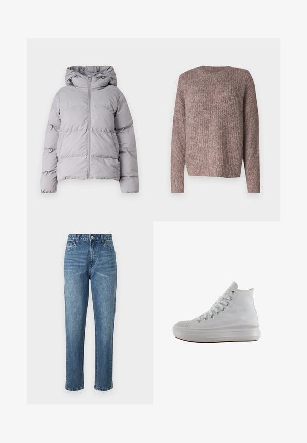 Graue, mit Kapuze versehene Steppjacke mit durchgehendem Reißverschluss, gestepptem Design und elastischen Bündchen. Hergestellt aus glattem, leichtem Material.; Brauner, gerippter Strickpullover mit langen Ärmeln und Rundhalsausschnitt. Lässige Passform und weiche Textur, geeignet für die Freizeit.; Blaue Denim-Jeans mit geradem Bein, fünf Taschen und einer vorderen Knopfverschluss. Helle Waschung mit subtilen Auswaschungen und einer strukturierten Oberfläche.; Weißer High-Top-Canvas-Sneaker mit weißen Schnürsenkeln, metallischen Ösen, dicker Gummisohle und strukturierter Zehenkappe, nach links auf weißem Hintergrund ausgerichtet.