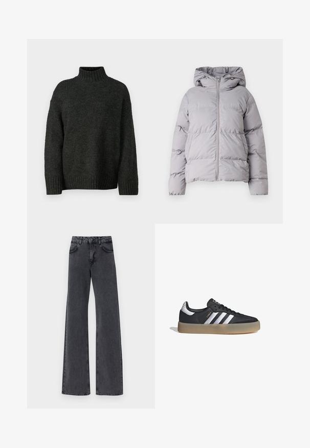 Chaqueta puffer con capucha gris, con cremallera frontal completa, diseño acolchado y puños elásticos. Confeccionada en una tela suave y ligera.; Vero Moda Tall VMMADDIE HIGHNECK PULL - Jersey de punto - dark grey melange; Jeans acampanados de mezclilla negra con cintura alta, que cuentan con dos bolsillos frontales y sutiles detalles de costura a lo largo de las costuras.; Zapatilla deportiva de cuero negro con tres rayas plateadas, punta texturizada y suela de goma. Cuenta con un collar acolchado y un diseño con cordones.