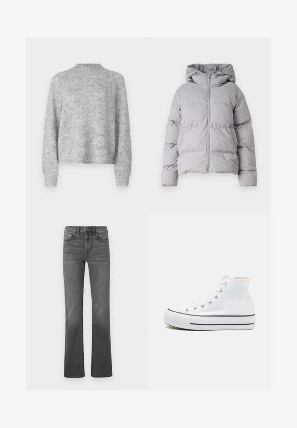 Grå hættepufferjakke med fuld frontlynlås, quiltet design og elastiske mansjetter. Fremstillet af glat, letvægtsstof.; Lysegrå sweater med høj hals, lange ærmer og en løs pasform. Fremstillet af struktureret strikstof med subtile farvevariationer.; Bredde jeans i mørkegrå denim med høj talje, fem lommer og en enkelt knaplukning. Glat tekstur med let falmning.; Hvide høj-top sneakers lavet af kanvasmateriale, sort gummisål og kontrasterende sort stribe på mellemsålen. Rund tåhætte og snørebåndsdesign.