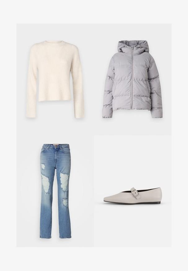 Doudoune gris à capuche avec une fermeture éclair frontale, design matelassé et poignets élastiques. Confectionnée en tissu lisse et léger.; JDY Knitted JDYINGEBORG Knitted - Pullover - pumice stone; Jean taille haute bleu clair avec une coupe droite. Présente des déchirures prononcées et des bords effilochés à l'avant, fabriqué en tissu denim.; Chaussure plate en cuir beige avec un bout pointu, un accent de boucle sur le côté et une semelle noire basse. Texture lisse et design minimaliste.