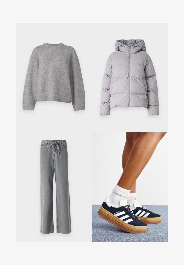 Doudoune gris à capuche avec une fermeture éclair frontale, design matelassé et poignets élastiques. Confectionnée en tissu lisse et léger.; Gina Tricot CREW NECK - Pullover - mid grey; Jean large gris en denim, doté d'une taille élastique avec cordon de serrage et de deux poches avant. La texture est douce, avec une finition légèrement délavée.; Jambes portant des chaussettes blanches et des baskets Adidas Gazelle noires avec des bandes blanches et des semelles épaisses marron sur un sol recouvert de moquette grise.