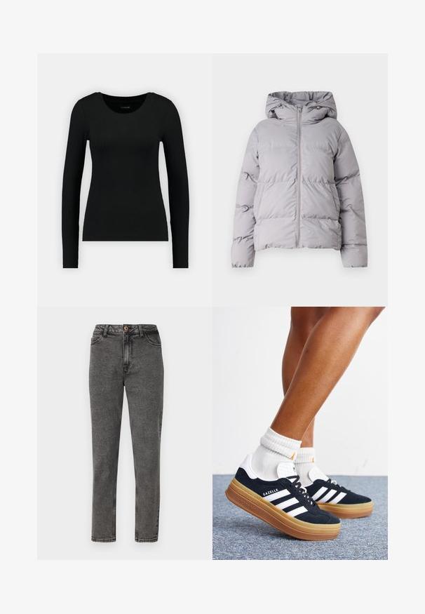 Grijze gewatteerde pufferjack met een volledige voorrits, doorgestikt ontwerp en elastische manchetten. Gemaakt van gladde, lichte stof.; Zwarte longsleeve shirt van ribstof. Heeft een ronde halslijn en een getailleerde pasvorm. Eenvoudig ontwerp zonder patronen of accenten.; Grijze denim jeans met een rechte pijp, voorzien van een enkele koperen knop, voorzakken en zichtbare stikseldetails.; Ben met witte sokken en zwarte Adidas Gazelle sneakers met witte strepen en dikke bruine zolen op een grijs tapijt.