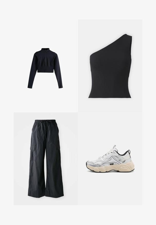 Marineblå, cropped langærmet top med høj krave og halv lynlås. Fremstillet af et glat, elastisk stof med ribbede detaljer i kanten.; Én skulder sort ribbet top med et tætsiddende design, der har en glat tekstur og asymmetrisk udskæring, velegnet til afslappet brug.; Sorte cargo-bukser lavet af letvægtigt stof, med vidde i benene, elastisk talje og flere sidelommer. Enkle og funktionelle.; Hvid sportsko med mesh- og syntetiske paneler, sølvdetaljer, chunky creme farvet sål og kontrasterende sorte detaljer. Har snøresystem.