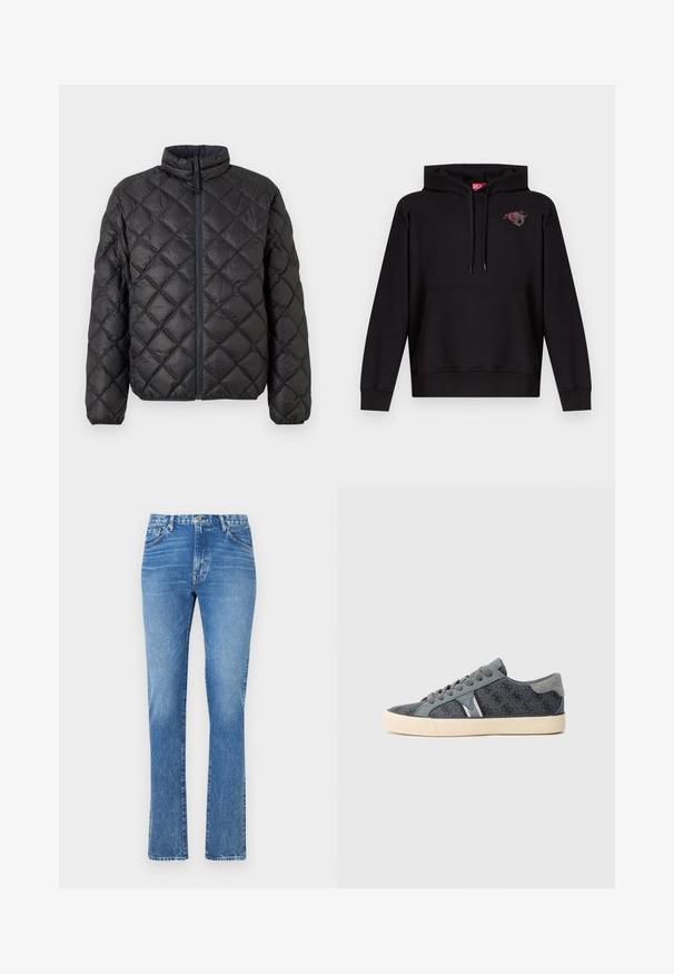 Veste matelassée noire avec un col montant, fermeture éclair devant et motif en losange. Texture lisse et rembourrée pour l'isolation.; Sweat à capuche noir avec poche avant, capuche à cordon de serrage, et petit motif d'une rose rose avec une lettre "D" grise sur le côté gauche de la poitrine.; Jeans en denim bleu clair avec une coupe droite, taille mi-haute et style à cinq poches. Comprend des coutures visibles et une fermeture à bouton.; Baskets en tissu gris foncé avec un motif répétitif de logo, dotées d'une languette et d'un panneau latéral gris clair, de lacets blancs et d'une semelle extérieure beige.