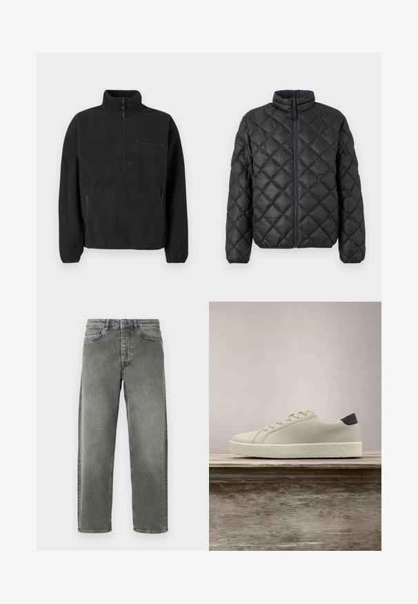 Veste matelassée noire avec un col montant, fermeture éclair devant et motif en losange. Texture lisse et rembourrée pour l'isolation.; Pull-over polaire noir avec col montant, fermeture à moitié zippée et poche avant zippée. Tissu texturé et logo en relief.; Jeans en denim gris avec une coupe droite, style cinq poches et décoloration légère. Dotés d'une fermeture à bouton et de passants de ceinture à la taille.; Baskets blanches avec semelle texturée et détail noir au talon, flottant au-dessus d'un banc en bois avec de hautes herbes vertes en arrière-plan.