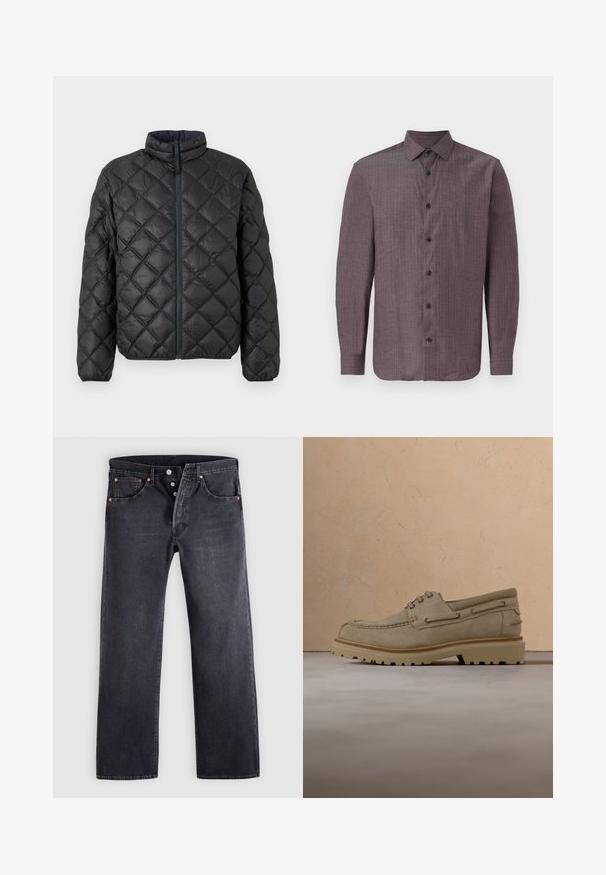 Veste matelassée noire avec un col montant, fermeture éclair devant et motif en losange. Texture lisse et rembourrée pour l'isolation.; Chemise à manches longues avec boutons dans un tissu bourgogne foncé à la texture subtile. Présente un col classique et des boutons noirs sur le devant.; Jean en denim noir avec une coupe droite, design à cinq poches, et boutons en cuivre. Texture lisse avec une légère finition délavée.; Chaussure décontractée beige en daim à lacets avec une semelle épaisse et rainurée, présentée en suspension au-dessus d'une surface texturée beige assortie et d'un arrière-plan.